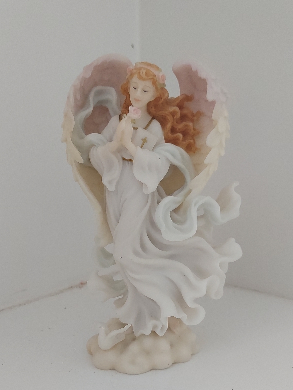 Hand-Painted Angel Sculpture in White and Pink -